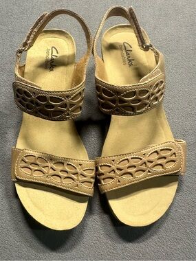 Clarks Tan Cutout Two-Strap Slingback Sandals